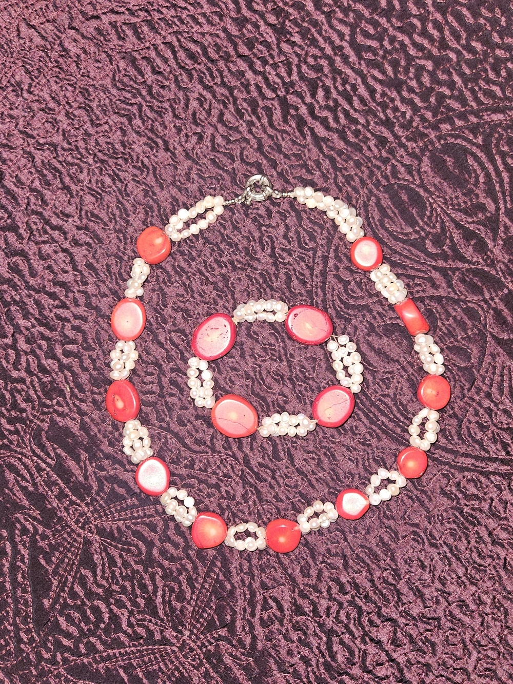 Pearl and Coral Bead Necklace & Bracelet Set